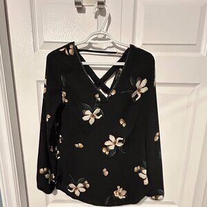 Classic Floral Blouse with Leather Trim